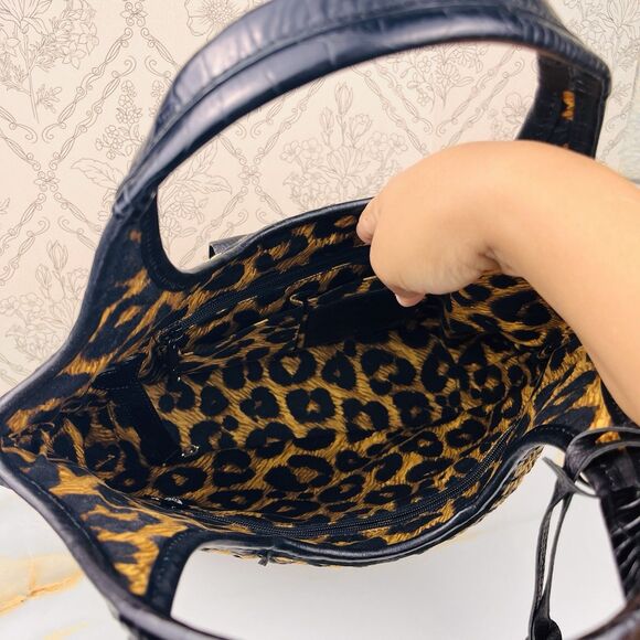 Vintage Brighton Tan & Black  Handbag Croc Woven Leather Leopard Cheetah - Picture 6 of 11